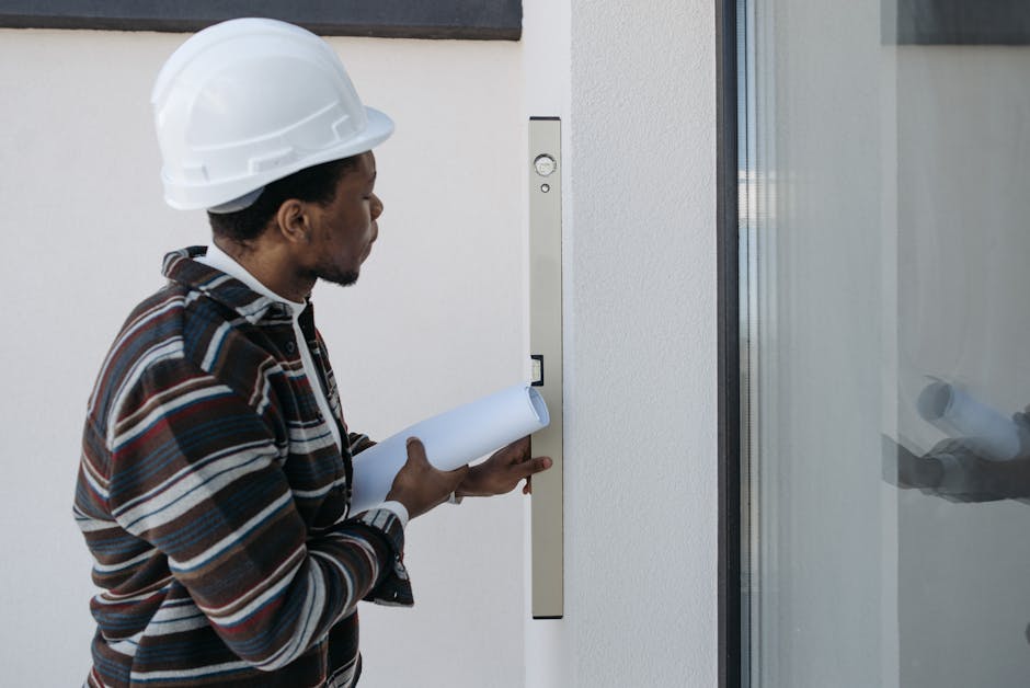 Contractor reviewing blueprints and measuring for project estimate planning